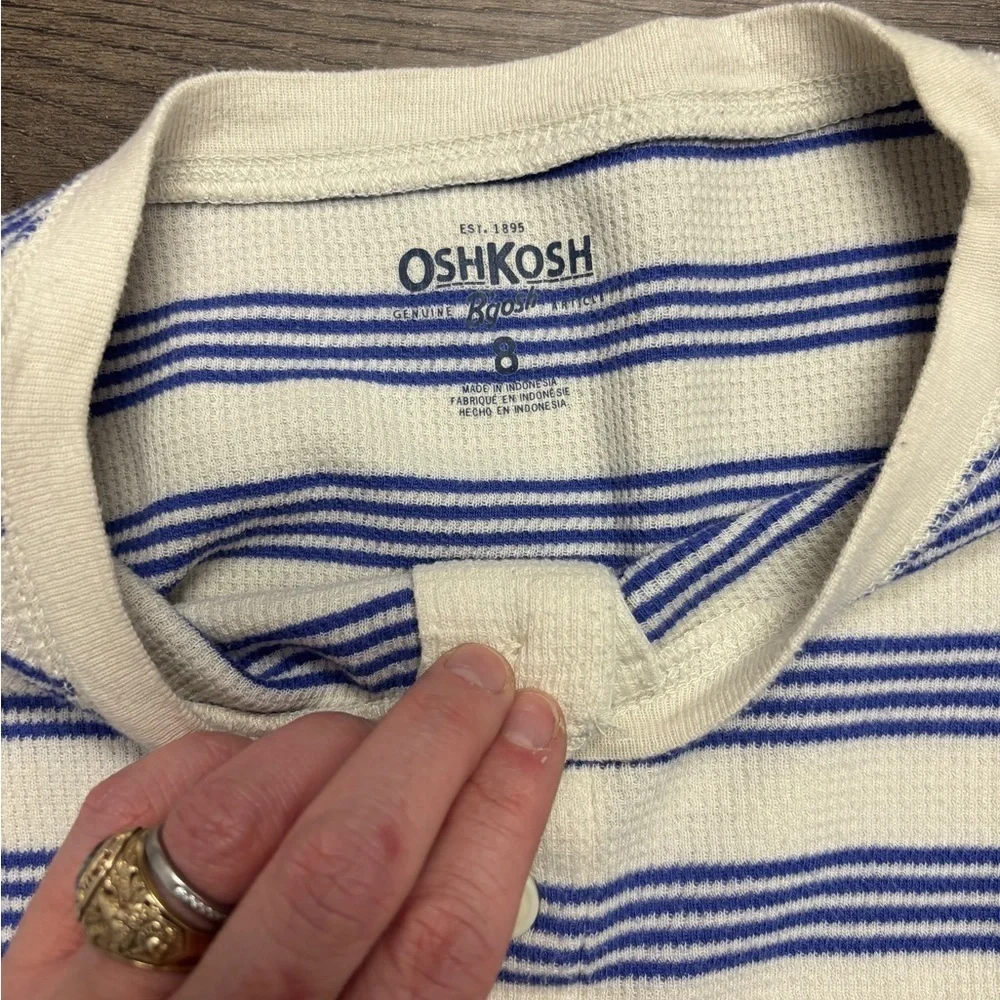 OshKosh B'gosh 8yo Wht/Blue Striped & Gray Camo cuffed LSS, GUC.